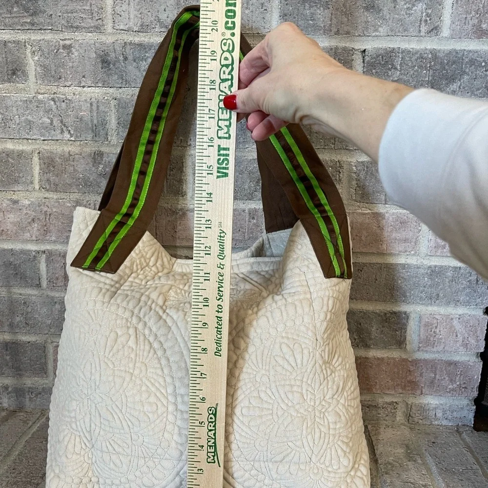 Cream Textured Tote Bag with Striped Straps - Picture 3 of 8